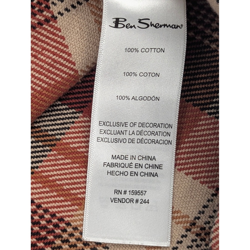 Ben Sherman Mens Plaid Cotton Button Down Shirt Orange Brown Long Sleeve Large - Picture 10 of 13
